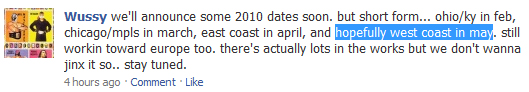 Wussy unofficial 2010 tour announcement on Facebook